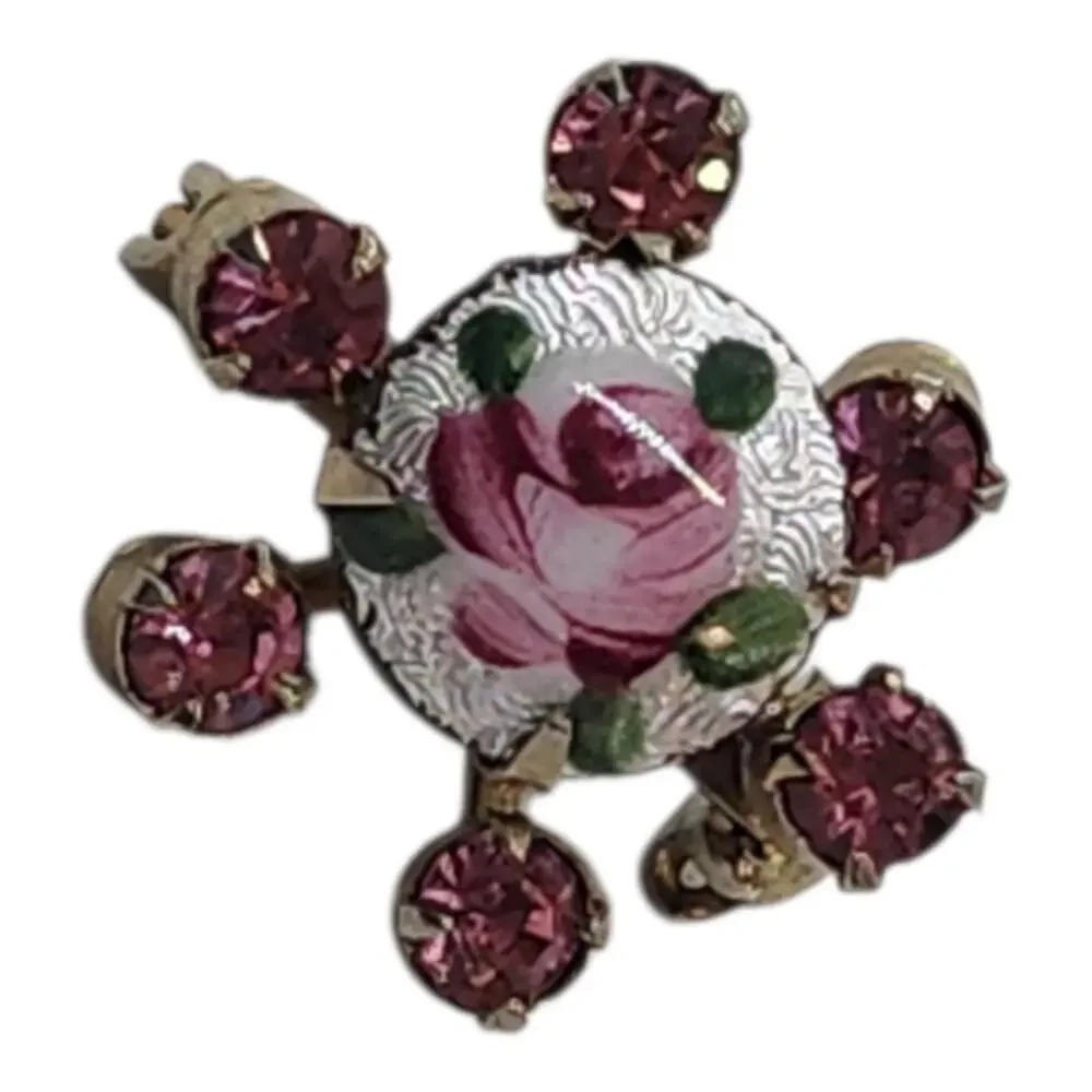 Vintage 1950s Brooch Hand Painted Pink Rose Guilloche Enamel & Pink Rhinestone